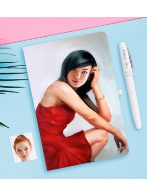 BK Kişiye Özel Kadın Soyut Suluboya Karikatürlü Beyaz Defter ve Kalem Hediye Seti-2
