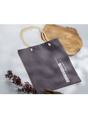 Bk Gift Bride Temalı Antrasit Halat Saplı Kumaş Bez Çanta - 1 Baskılı Omuz Çantası