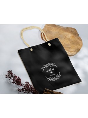 Bk Gift Isimli Tarihli Siyah Halat Saplı Kumaş Bez Çanta - 3 Baskılı Omuz Çantası
