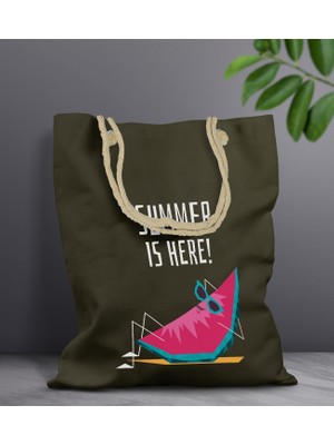 Bk Gift Yaz Temalı Haki Halat Saplı Kumaş Plaj Çantası -10 Baskılı Omuz Çantası