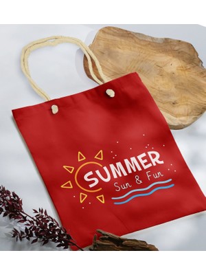 Bk Gift Yaz Temalı Kırmızı Halat Saplı Kumaş Plaj Çantası -9 Baskılı Omuz Çantası
