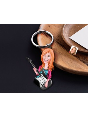 Bk Gift Kişiye Özel Gitarist Karikatürlü Ahşap Anahtarlık-3 Sevgiliye Hediye, Arkadaşa Hediye, Doğum Günü Hediyesi