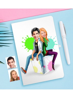 BK Kişiye Özel Sevgililer Karikatürlü Beyaz Defter ve Kalem Hediye Seti-35