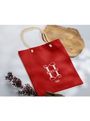 Bk Gift Isimli Tarihli Kırmızı Halat Saplı Kumaş Bez Çanta - 6 Baskılı Omuz Çantası