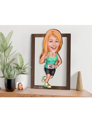 Bk Gift Kişiye Özel Kadın Koşucu Karikatürlü 3D Ahşap Tablo-1, Sevgiliye Hediye, Arkadaşa Hediye, Doğum Günü Hediyesi