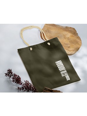 Bk Gift Isimli Tarihli Haki Halat Saplı Kumaş Bez Çanta - 7 Baskılı Omuz Çantası