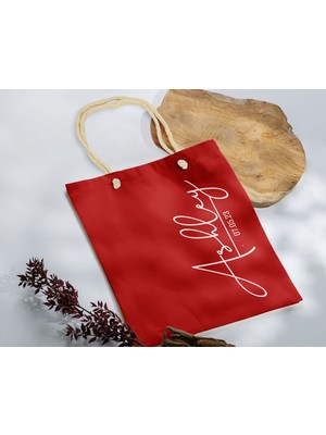 Bk Gift Isimli Tarihli Kırmızı Halat Saplı Kumaş Bez Çanta - 5 Baskılı Omuz Çantası