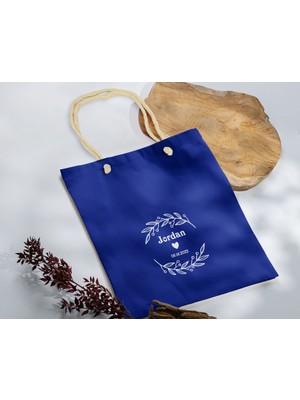Bk Gift Isimli Tarihli Mavi Halat Saplı Kumaş Bez Çanta - 3 Baskılı Omuz Çantası