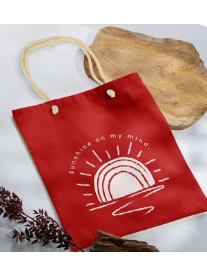 Bk Gift Yaz Temalı Kırmızı Halat Saplı Kumaş Plaj Çantası -22 Baskılı Omuz Çantası
