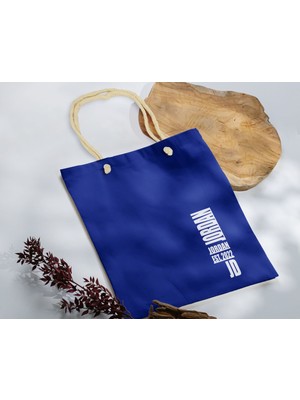 Bk Gift Isimli Tarihli Mavi Halat Saplı Kumaş Bez Çanta - 7 Baskılı Omuz Çantası