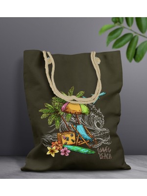 Bk Gift Yaz Temalı Haki Halat Saplı Kumaş Plaj Çantası -2 Baskılı Omuz Çantası