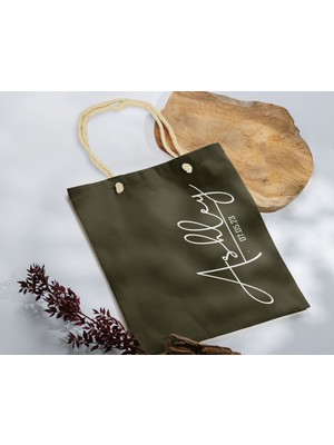 Bk Gift Isimli Tarihli Haki Halat Saplı Kumaş Bez Çanta - 5 Baskılı Omuz Çantası