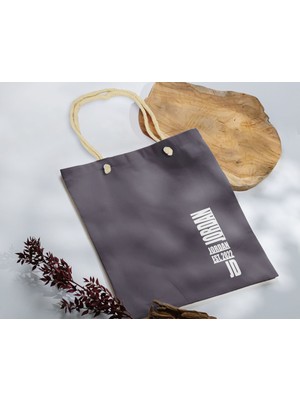 Bk Gift Isimli Tarihli Antrasit Halat Saplı Kumaş Bez Çanta - 7 Baskılı Omuz Çantası