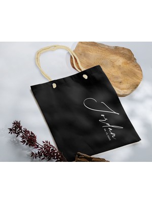 Bk Gift Isimli Tarihli Siyah Halat Saplı Kumaş Bez Çanta - 2 Baskılı Omuz Çantası
