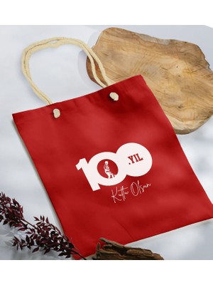 Bk Gift 100. Yıl Hatırası Kırmızı Halat Saplı Kumaş Bez Çanta - 5 29 Ekim