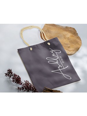 Bk Gift Isimli Tarihli Antrasit Halat Saplı Kumaş Bez Çanta - 5 Baskılı Omuz Çantası