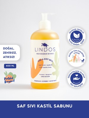 Lindos Çok Amaçlı Doğal Bitkisel Kastil Sabunu Portakal Bergamot Kokulu Antibakteriyel Banyo Sabun 0,6L