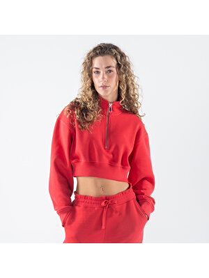 Friday Offset James Kadın Kırmızı Dik Yaka Oversize Yarı Fermuarlı Crop Sweatshirt