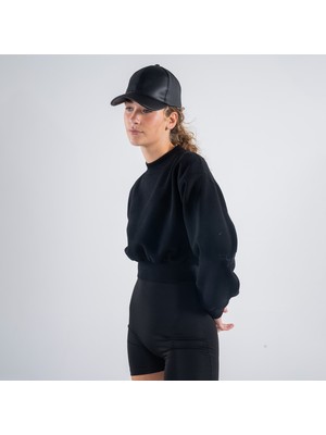 Friday Offset Monica Kadın Siyah Oversize Bisiklet Yaka Crop Sweatshirt