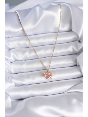 Clariss 316L Çelik Gold Renk Zincir Pembe Kristal Kalpli Zirkon Taş Detay Kadın Kolye