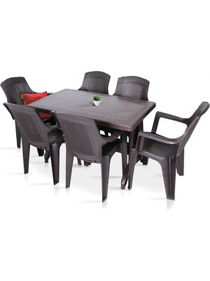 Almina Plastik Masa Takımı 80X140 Katlanır Masa 6 Kişilik Sandalye Bahçe Balkon Teras Masa Takımı Kahverengi