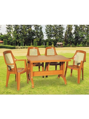 Almina Plastik Masa Takımı 70X120 Katlanır Masa 4 Kişilik Sandalye Bahçe Balkon Teras Masa Takımı Taba Renk