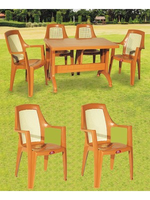 Almina Plastik Masa Takımı 80x140 Katlanır Masa 6 Kişilik Sandalye Bahçe Balkon Teras Masa Takımı Taba Renk