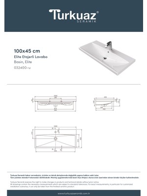 Turkuaz Seramik Elite 100 cm Etajerli Lavabo