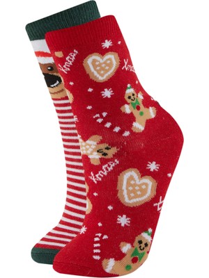 DeFacto Kız Çocuk Yılbaşı Temalı 2'li Pamuklu Uzun Çorap B5362A8NS