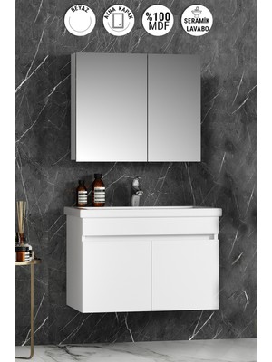 Özceden Çiğdem 80 cm Beyaz Mdf Seramik Lavabolu Asma Banyo Dolabı Takımı