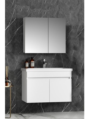 Özceden Çiğdem 80 cm Beyaz Mdf Seramik Lavabolu Asma Banyo Dolabı Takımı