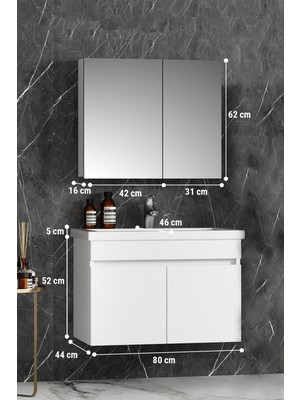 Özceden Çiğdem 80 cm Beyaz Mdf Seramik Lavabolu Asma Banyo Dolabı Takımı