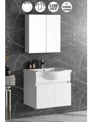 Özceden Yıldız 65 cm Beyaz Mdf Seramik Lavabolu Asma Banyo Dolabı Takımı