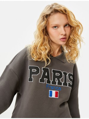 Koton Gömlek Yaka Sweatshirt Paris Baskılı Işlemeli Uzun Kollu Pamuklu