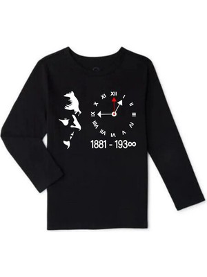 Lepiska 10 Kasım Atatürklü Uzun Kollu Siyah Tshirt  10 Kasım Atatürk Baskılı Sweat Unisex Siyah Pamuklu