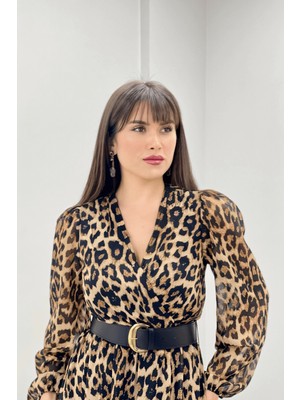 giyimmasalı Şifon Kumaş Leopar Midi Elbise Leopar