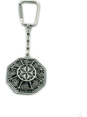 Aykat Osmanlı Tuğralı Oksitli Telkari İşlemeli 925 Ayar Gümüş Anahtarlık ANT-34