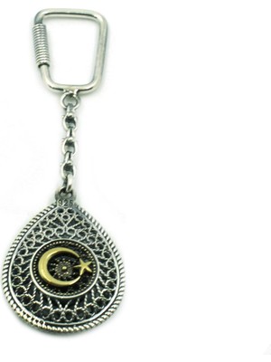 Aykat Telkari İşlemeli Ay Yıldız Gümüş Anahtarlık Damla Model 925 Ayar ANT-37