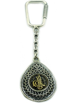 Aykat Telkari İşlemeli Osmanlı Tuğralı Gümüş Anahtarlık Damla Model ANT-40