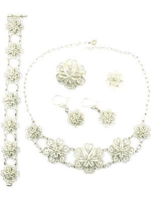 Aykat El İşi Telkari Gümüş Papatya Modeli Takım Kolye Bileklik Küpe Seti 925 Ayar TKM-217