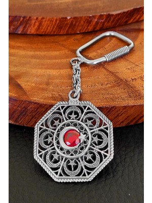 Aykat Taşlı Ay Yıldız Oksitli Gümüş Anahtarlık Telkari İşlemeli 925 Ayar ANT-57