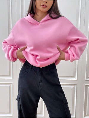 Trendseninle Kadın Pembe Urban Lifestyle Baskılı Oversize Kapüşonlu Sweatshirt