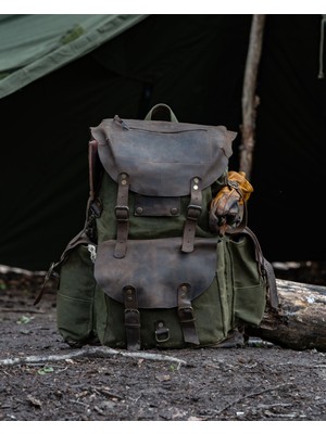 Tanto Bushcraft  40+5 Litre Mumlu Kanvas ve Deri Kamp Sırt Çantası – Askeri Yeşil Outdoor Yürüyüş & Kampçı Çantası