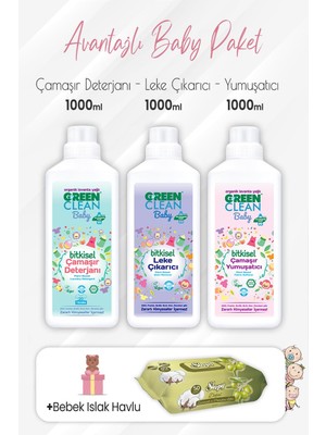 Green Clean Baby Yumuşatıcı, Deterjan, Leke Çıkarıcı 1 Lt ve Zeytinyağlı Pamuklu Bebek Havlu 50'li