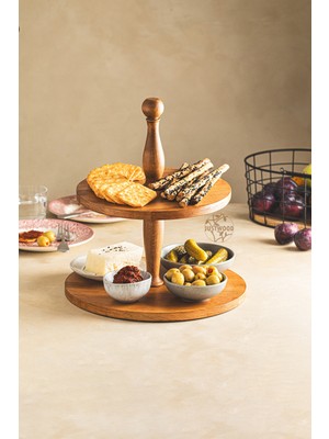 Justwood Justwood 2 Katlı Düz Tabaklı Ahşap Kek Pasta Sunumluk Standı, Servis Sunum Tabağı, Ikramlık