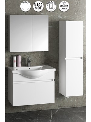 Özceden Yıldız 80+35 cm Beyaz Mdf Seramik Lavabolu Sepetli Asma Banyo Dolabı Takımı