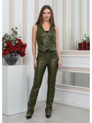 Nuseel Kadın Yeni Sezon Içi Süet Deri Pantolon&yelek Haki