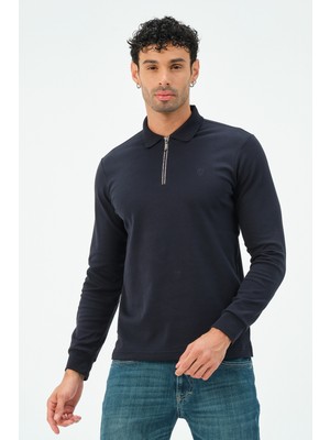 Msw Lacivert  Fermuarlı Uzun Kollu Regular Fit Erkek Polo Yaka T-Shirt