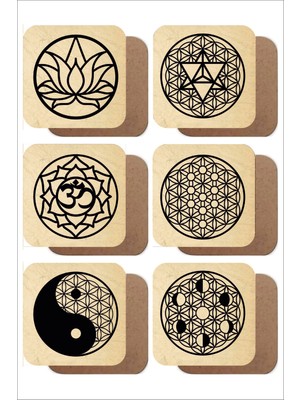Kutsal Geometriler Temalı 6'lı Ahşap Bardak Altlığı Seti