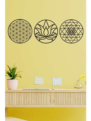 Kutsal Geometri 3'l Ü Set Sri Yantra, Lotus Çiçeği, Yaşam Çiçeği Duvar Dekoru, Tablo